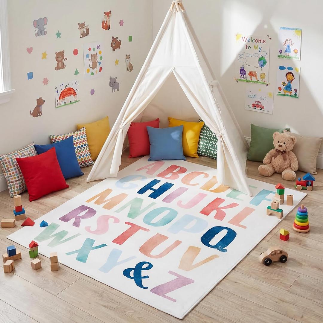 Dunzy 47"x39" Alphabet Reading Corner Rug for Classroom Back to School Mat