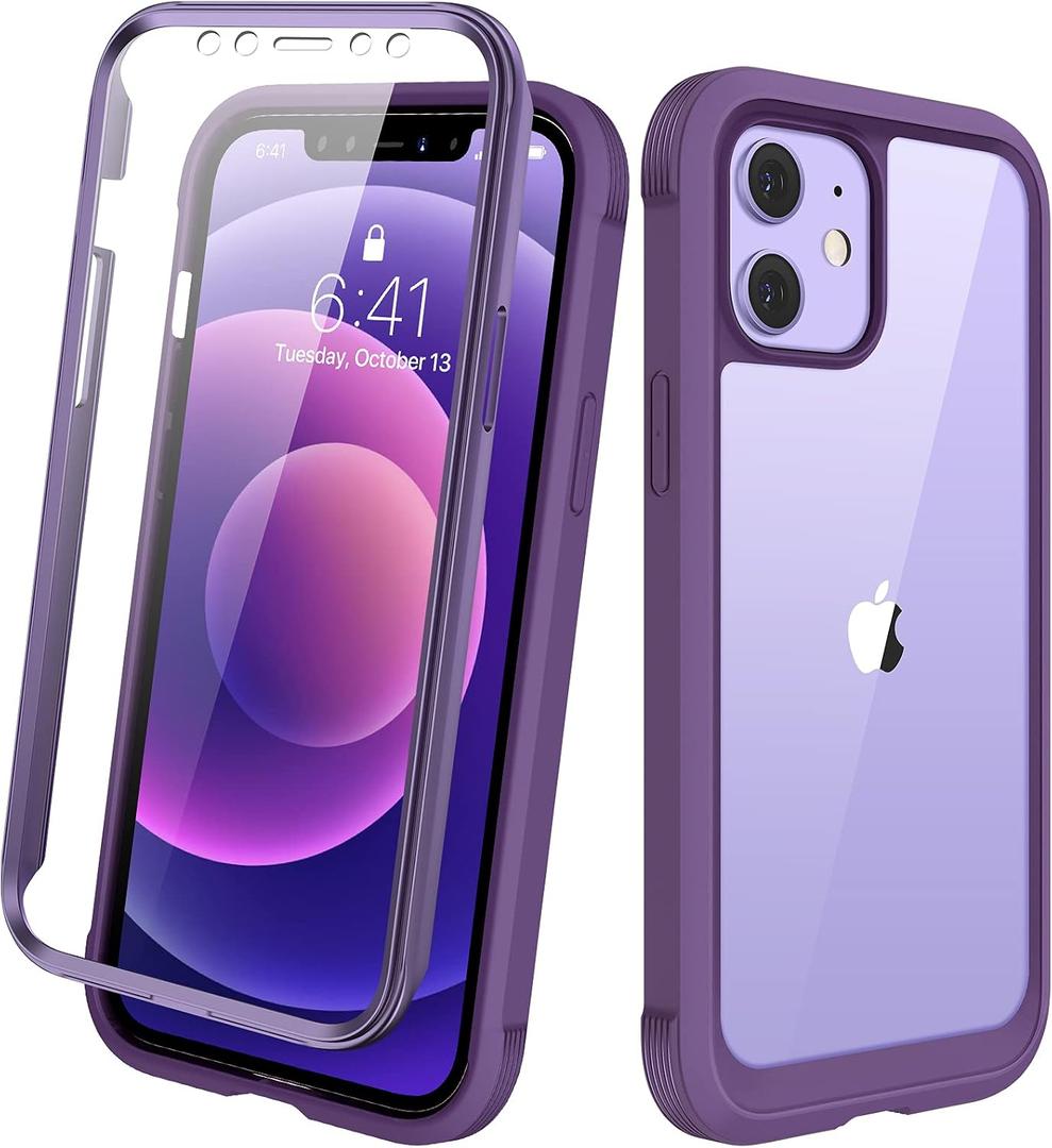 Diaclara Designed for iPhone 12/12 Pro Case, Full Body Rugged with Built-in Touch Sensitive Anti-Scratch Screen Protector, Soft TPU Bumper for iPhone 12/12 Pro 6.1" (Purple and Clear)