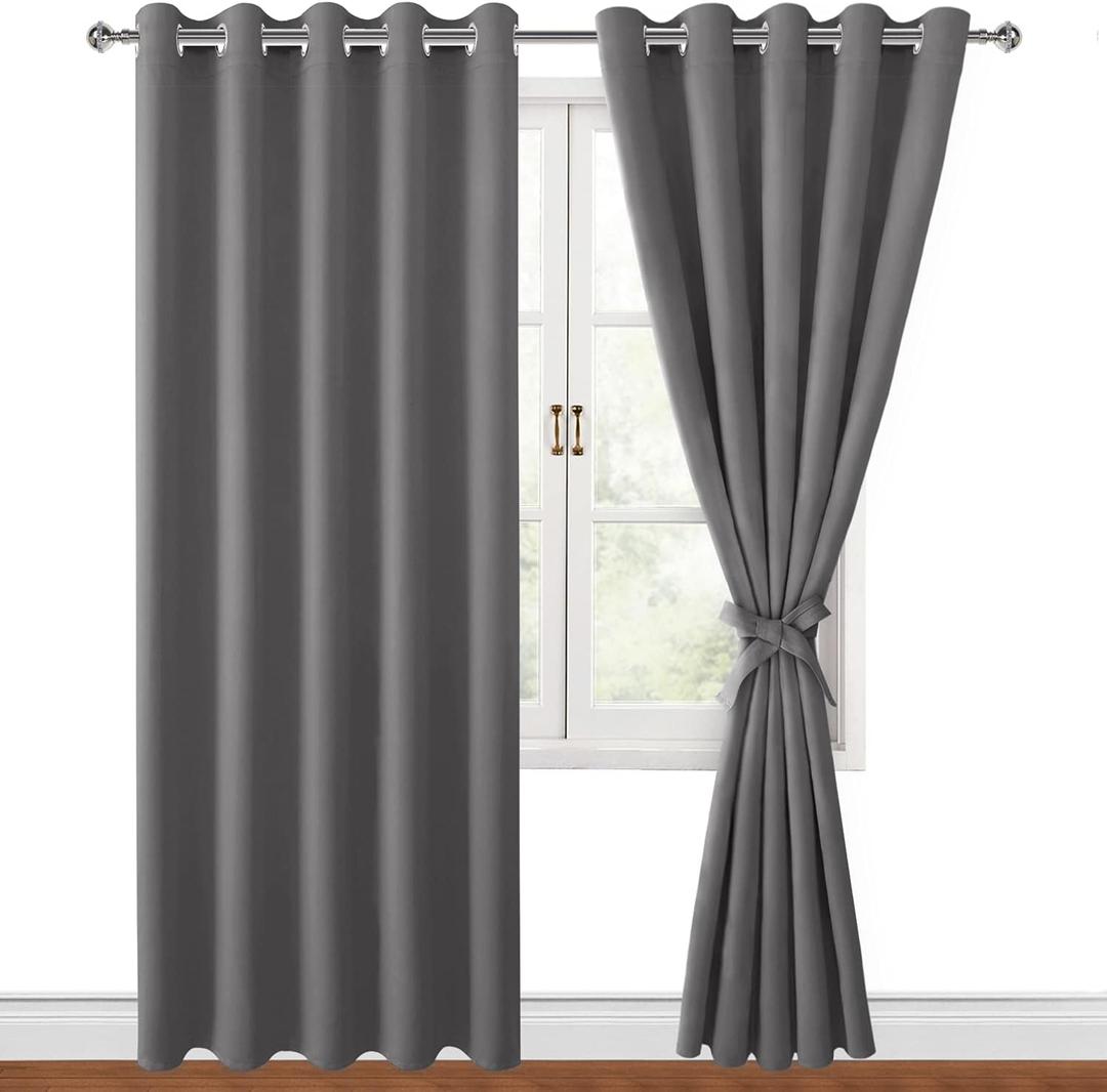 Hiasan Blackout Curtains for Bedroom, 60 x 84 Inches Long - Thermal Insulated & Light Blocking Window Curtains for Living Room, 2 Drape Panels Sewn with Tiebacks, Light Grey
