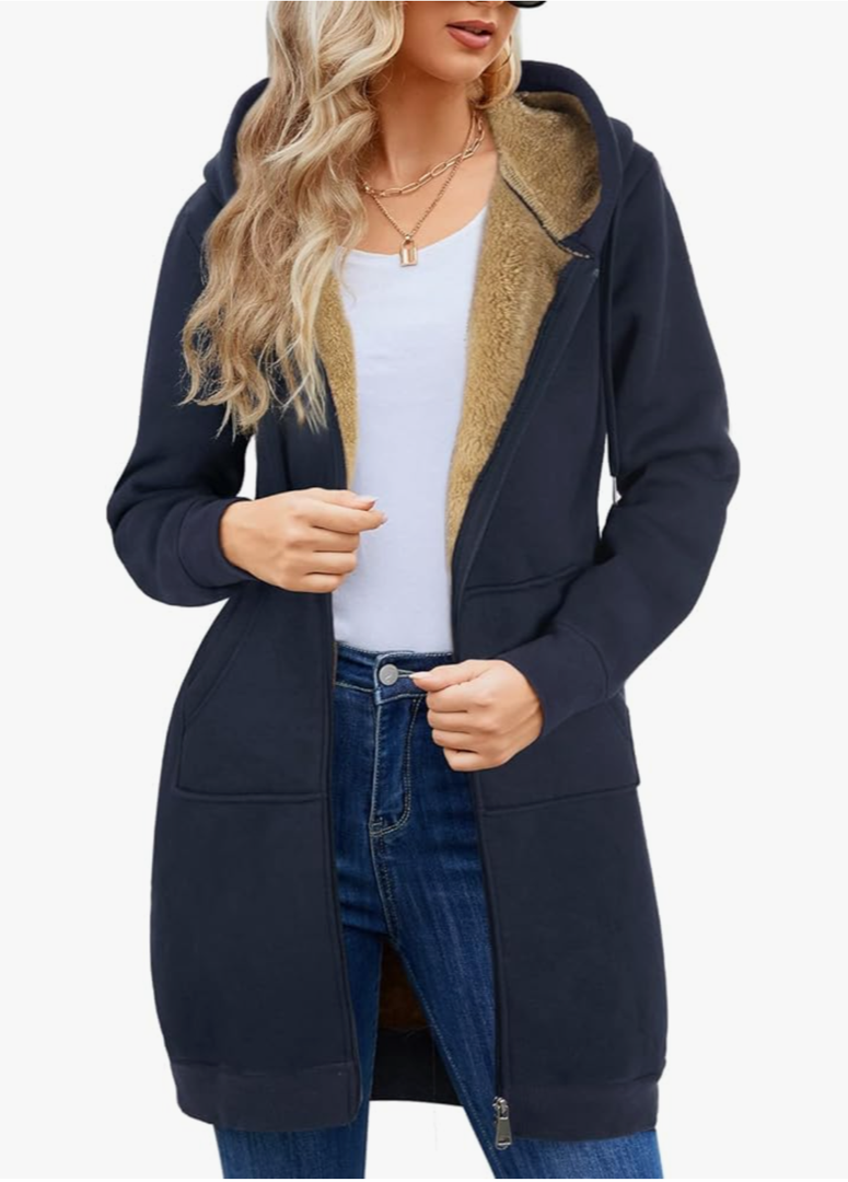 HEEKPEK Women's Long Hoodies Tunic Winter Fleece Jackets Casual Zip up Hoodies Soft Sherpa Sweatshirts Warm Long Coats, Dark Blue, Size L