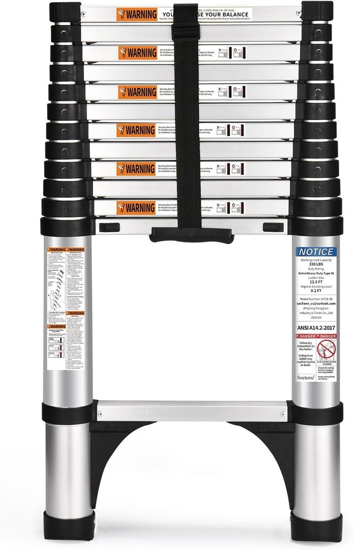 Soctone Telescoping Ladder, 12.5 FT Aluminum Button Retraction Extension Ladder with 2 Triangle Stabilizers, Multi-Purpose Ladder with Slow Down Design, 330lbs Max Capacity for House Daily Life (12.5FT ( A Button ))