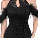 VFSHOW Womens Formal Prom Beaded Halter Neck Keyhole Maxi Dress Feather Cold Shoulder Ruffle High Slit Evening Gown (Black, XXXL)