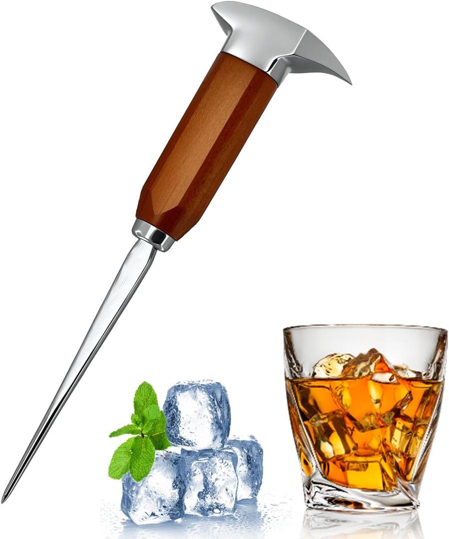 Ice pick for breaking ice, 8.85-inch long ice pick with wooden handle, stainless steel ice pick tool, suitable for kitchen, bar, bartender, home and commercial use.