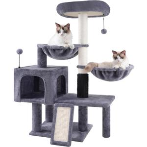 ROYPET Cat Tree with Cat Condo and Two Hammocks, Cat Tower with Scratching Posts and Scratching Pads, Grey