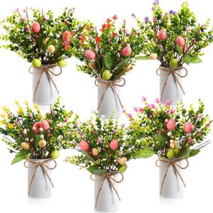 Riceshoot 6 Sets Spring Easter Table Centerpiece Decor 12 Easter Artificial Flower Picks with 6 Metal Pots 12 Eucalyptus Egg Stems Twig Branches Sprays with Berries for Home Arrangement(White)