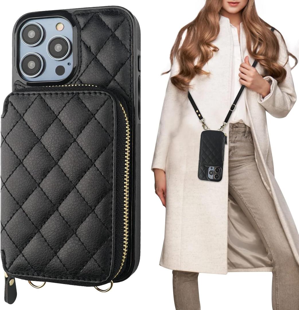 Bocasal Crossbody Wallet Case for iPhone 14 Pro, RFID Blocking PU Leather Zipper Handbag Purse Flip Cover, Kickstand Folio Case with Card Slots Holder Wrist Strap Lanyard 5G 6.1 Inch (Black)