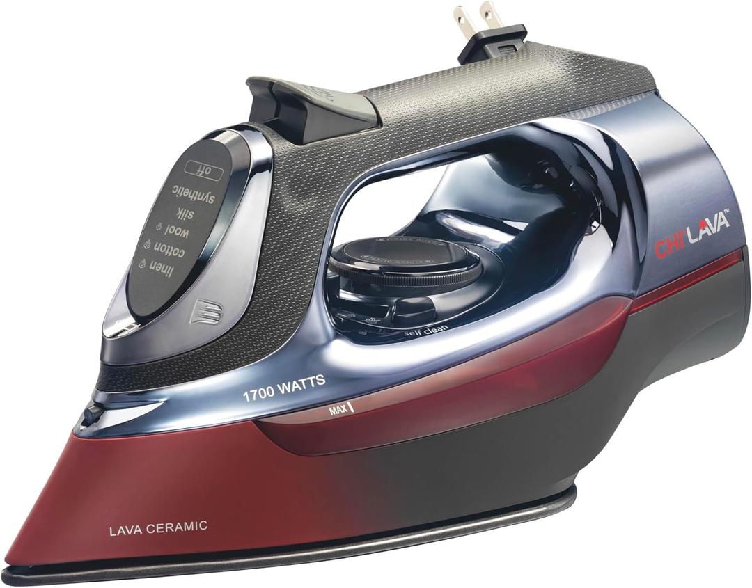 CHI Steam Iron for Clothes with 8' Retractable Cord, 1700 Watts, 3Way Auto Shutoff, 400+ Holes, Professional Grade, Temperature Control Dial, Lava Infused Ceramic Soleplate, Black and Red (13113)