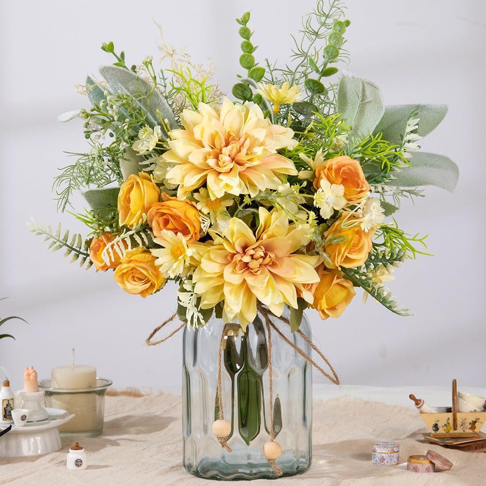 LESING Silk Dahlia Artificial Flower with Vase, Fake Faux Rose Flowers Bouquets in Vase for Home Office Table Decoration (Dahlia-Yellow)