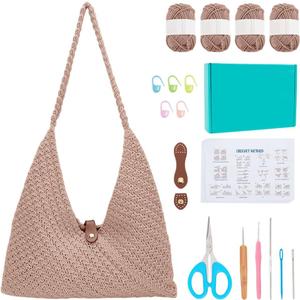 ACRNIGHEET Crochet Beach Bag Kit for Beginners Khaki Tote Bag Knitting Kit with Yarn and Hook DIY Craft Kits Gift for Adults with Video Guide Tutorial