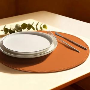 Rinpon Round Vinyl Orange Placemats Set of 6, Faux Leather Waterproof Wipeable Heat Resistant Place Mats, Washable Table Mats for Halloween, Thanksgiving & Christmas Dinner (Orange)