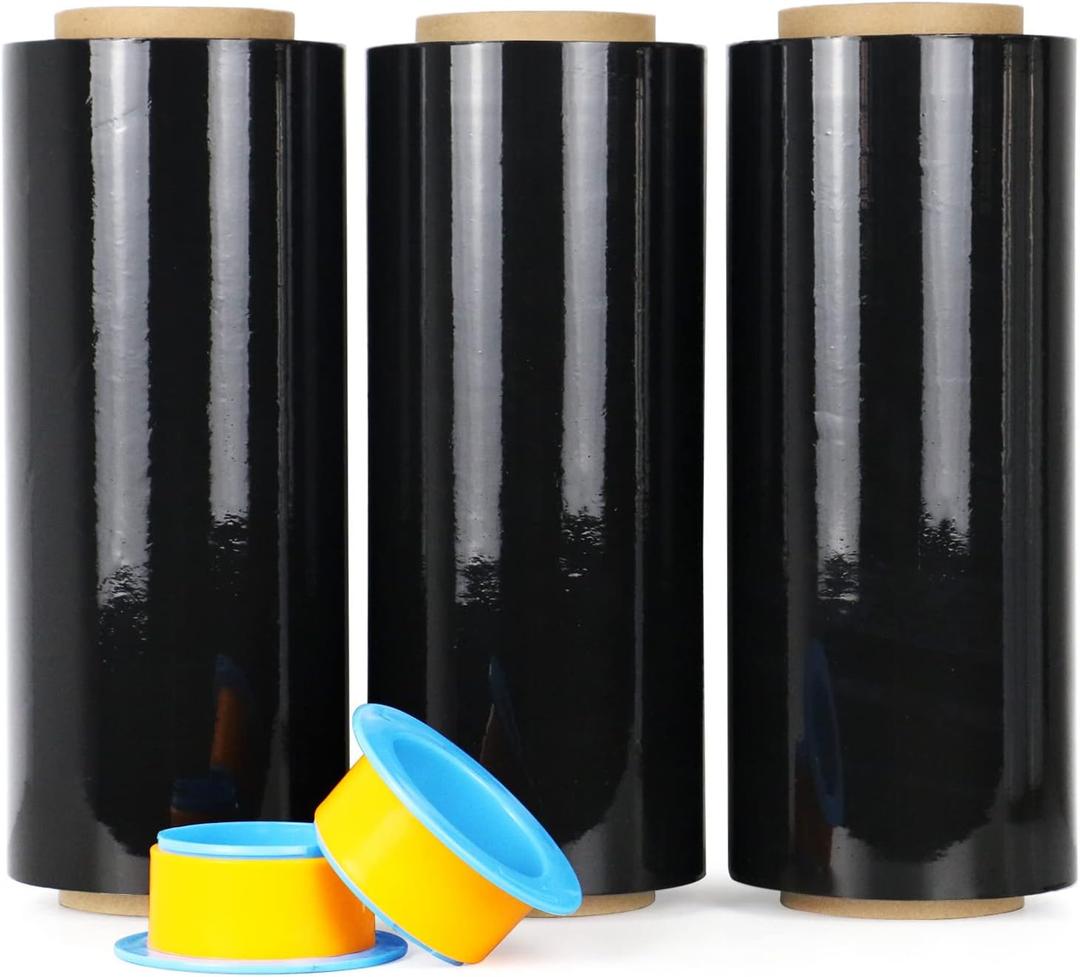 BOMEI PACK Black Stretch Wrap Industrial Strength with Plastic Handle 12" x 1000 Feet 80 Gauge 3-Pack, Black Shrink Wrap, Self-Adhering Black Plastic Wrap for Shipping, Moving