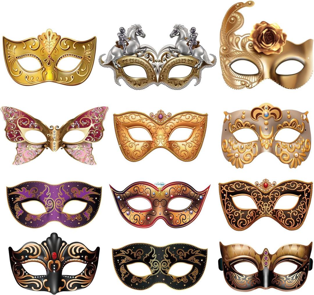 Blulu 12 Pcs Mardi Gras Masquerade Mask Set Paper Masquerade Masks Women's Costume Party Supplies for Mardi Gras, New Year's Day, Carnival, Prom, Venetian, Half, Retro