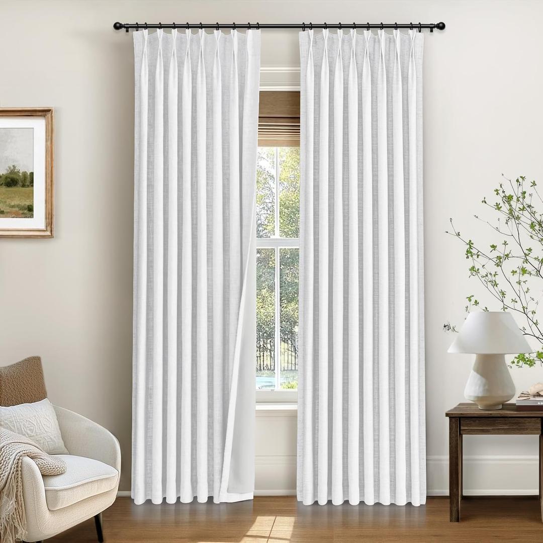 INOVADAY Pinch Pleated Curtains, 100% Light Blocking Linen Pinch Pleat Blackout Curtains for Bedroom, Thermal Insulated Blackout Drapes 2 Panels Set for Living Room - White, W40 x L96