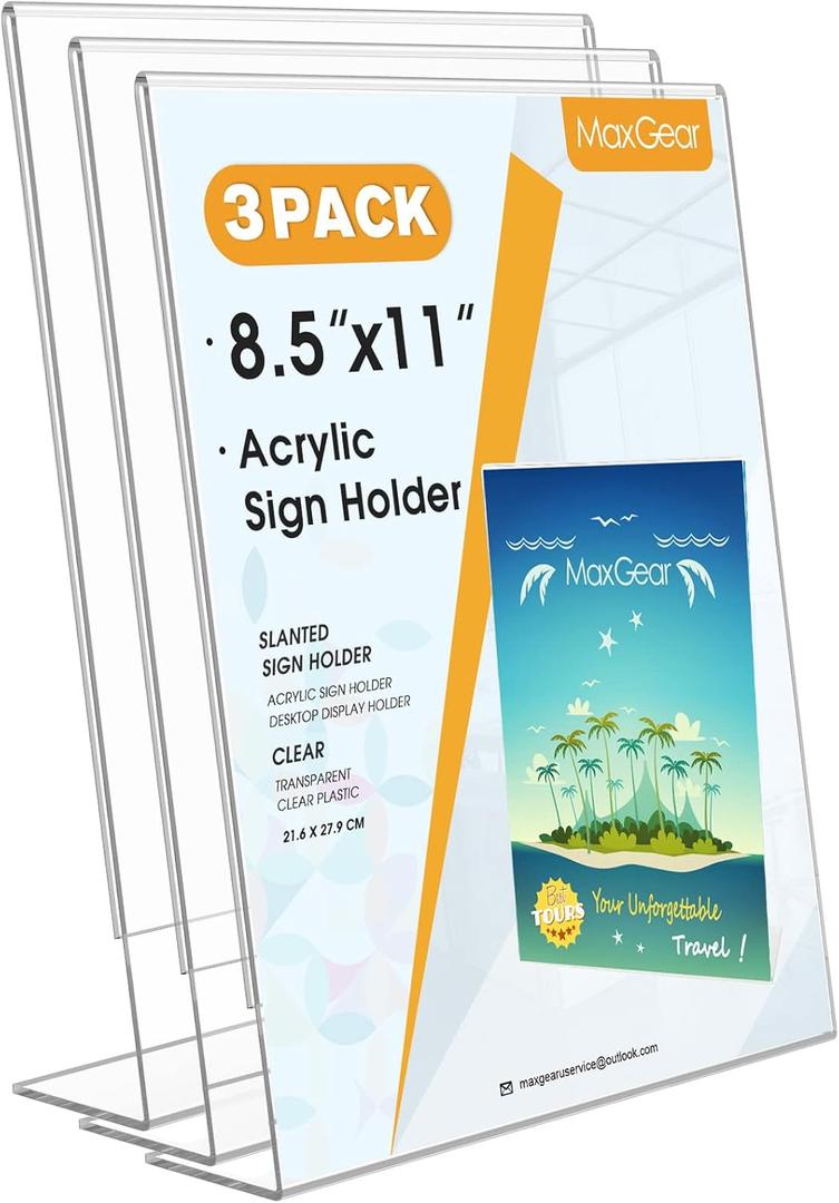 MaxGear Acrylic Sign Holder, Clear Sign Holders Plastic Display Stand 8.5 x 11 Inches Slant Back Countertop Display Picture Frames for Menus, Flyer, Use In Office, Store, 3 Pack