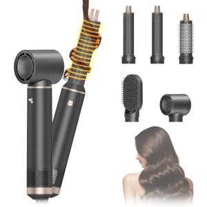5 in 1 Hair Styler & Hot Air Brush - Air Curling Wrap with Low-Speed Negative Ion Technology, Hair Dryer Brush for Drying, Curling, Straightening & Styling, Hair Styling Tools at Home (Grey)