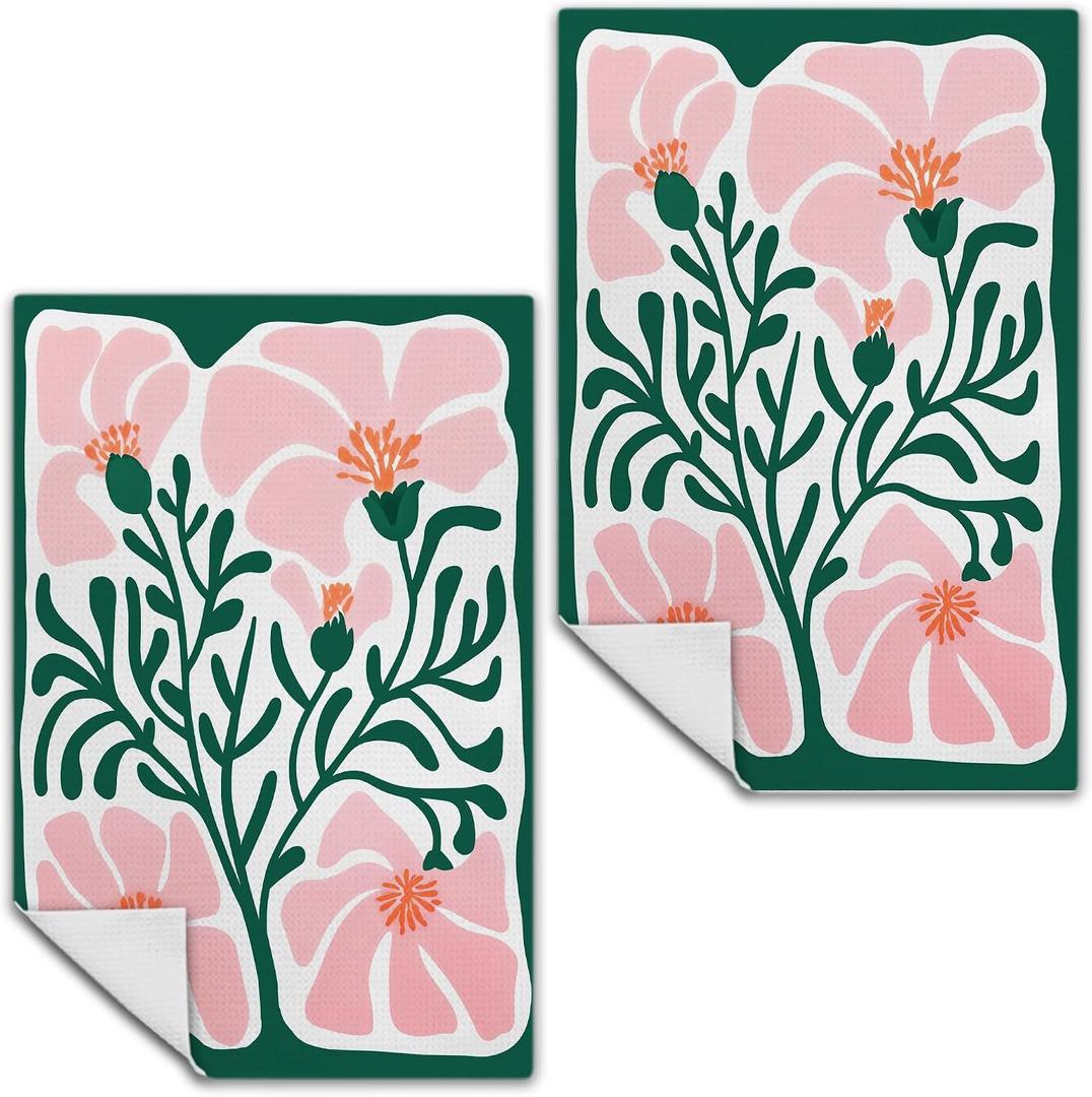 Pink and Green Boho Floral Kitchen Towels, Retro Mid Century Modern Flower Decorative Dish Towels Drying Cloth, Abstract Boho Floral Hand Towels for Bathroom Kitchen, 16x24 Inch Set of 2