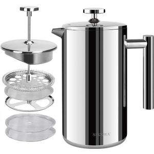 Secura French Press Coffee Maker, 304 Grade Stainless Steel Insulated Coffee Press with 2 Extra Screens, 50oz (1.5 Litre), Silver
