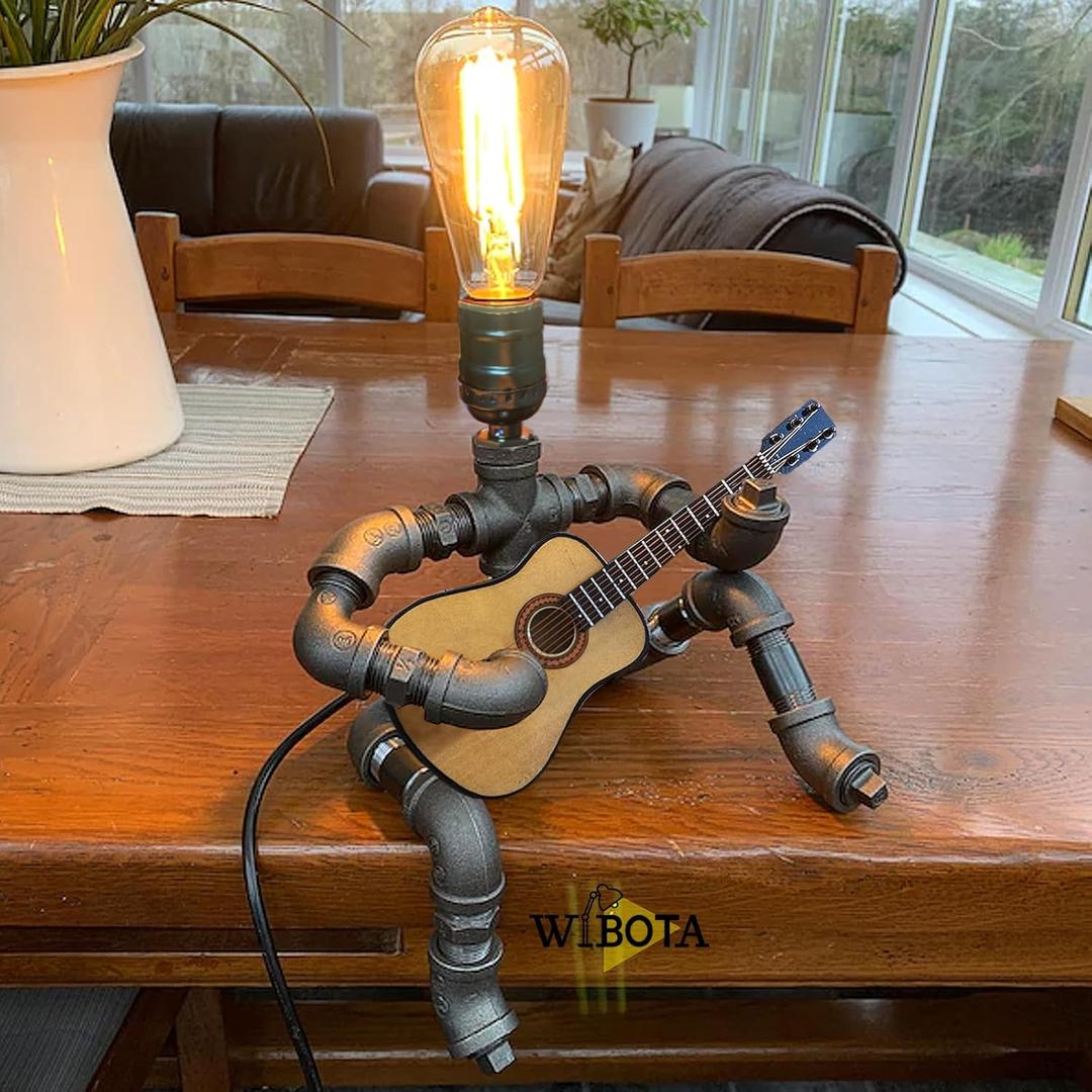 Music Guitar Table Lamp Art Decor Guitar Stuff Cool Gifts for Music Art Lovers Microphone Players for Men Steampunk Pipe Man Edison Bulb Lamps Retro Guitars Metal Pipe Industrial Robot Lights