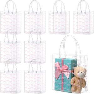 Sweetude 24 Pcs Coquette Pink Bow Party Gift Bags PVC Pink Clear Cheer Goodie Treat Bags with Handle Coquette Birthday Bow Party Favor Small Candy Bag Bulk Reusable Wrap for Bridesmaid Proposal