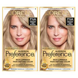 L'Oreal Paris Superior Preference Luminous Fade-Defying Permanent Hair Color, Hair Dye For Up to 9 Weeks of Radiance, Medium Ash Blonde 7.5A, 1 Hair Dye Kit (Pack of 2) L'Oreal Paris Superior Preference Luminous Fade-Defying Permanent Hair Color, Hair Dye For Up to 9 Weeks of Radiance, Medium Ash Blonde 7.5A, 1 Hair Dye Kit (Pack of 2)