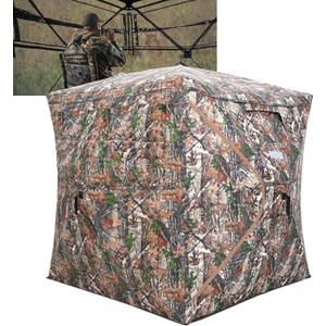 Portable Hunting Blind 270 See Through with Carrying Bag, 2-3 Person Pop Up Ground Blinds with Silent Zipper Door & Sliding Windows, Resilience Hunting Tent for Deer & Turkey Hunting (Light Woodland Camouflage)