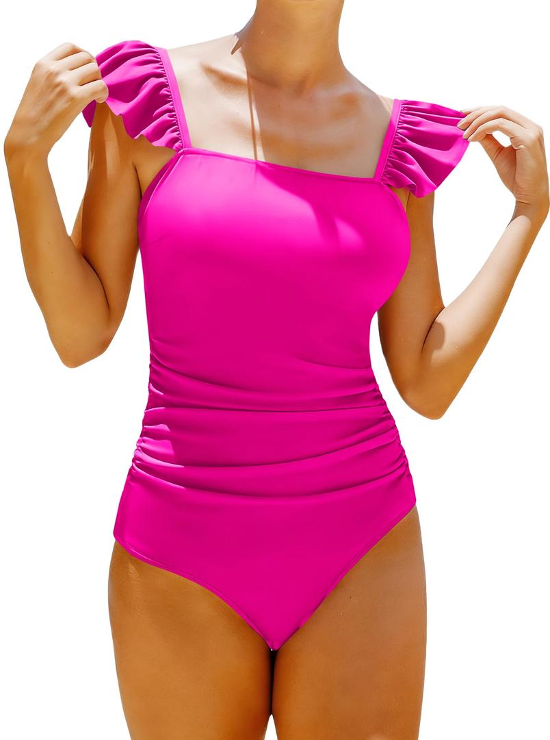 Hilinker Womens Ruffle One Piece Swimsuits Ruched Tummy Control Bathing Suits Floral Swimwear Hot Pink Medium (Pink, M)