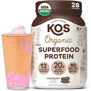 KOS Vegan Protein Powder Erythritol Free, Chocolate - Organic Pea Protein Blend, Plant Based Superfood Rich in Vitamins & Minerals - Keto, Dairy Free - Meal Replacement for Women & Men, 28 Servings, BBD 06/17/2027