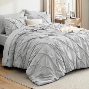 Bedsure King Size Comforter Set Light Grey - Bed in a Bag Bedding Set 7 Pieces, GentleSoft Pintuck Bed Set Gift for Family, Pinch Pleat Light Grey Comforter with Sheets, Pillowcases & Shams