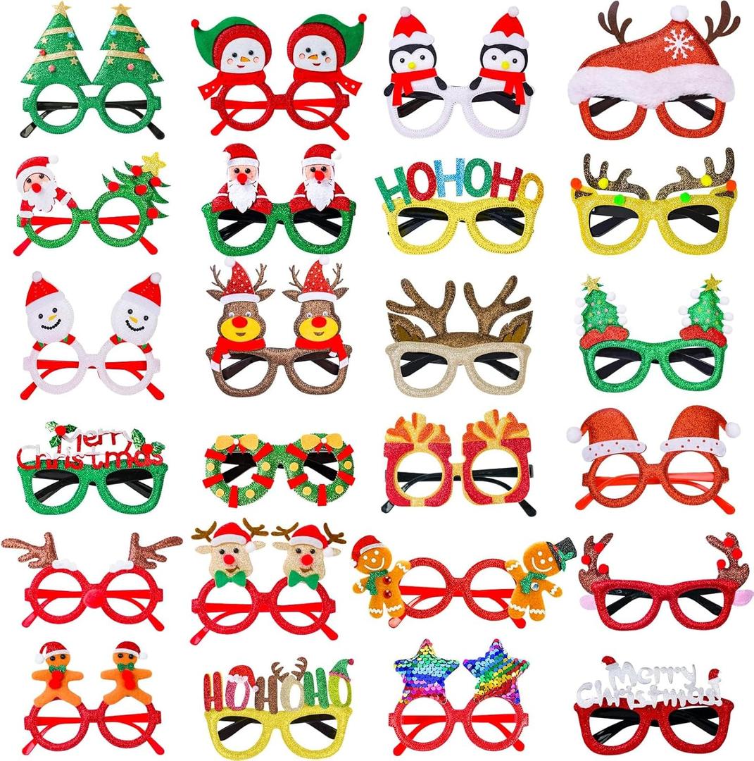 Thuodo 24Pcs Christmas Glasses Glitter Party Decorations Eyeglasses Frames, Costume Eyeglasses for Christmas Parties Holiday Favors Photo Booth Novelty Glasses Cosplay (One Size Fits All)