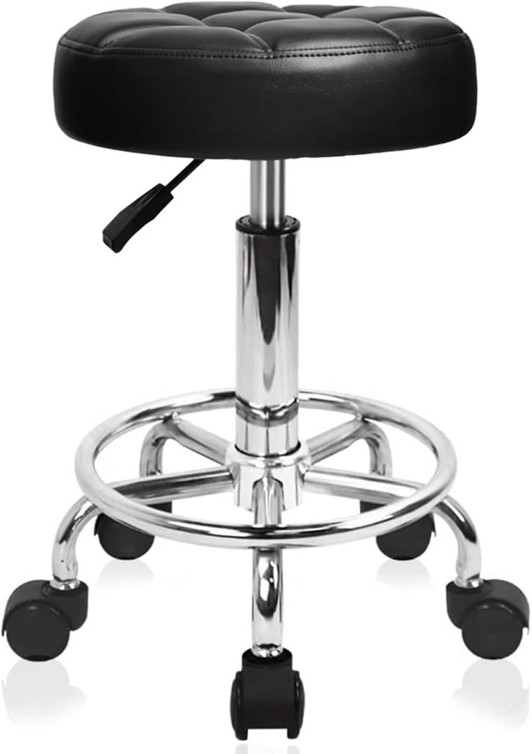 Rolling Chair Stool with Wheels 400lb Capacity Adjustable Height Vanity Stool 3" Memory Foam Seat Quiet Wheels Chair for Salon Tattoo Spa Pedicure Makeup Studio (Black)