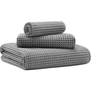 Microfiber Waffle Bath Towels, 3 Pieces, Oversized, Soft, Absorbent, Fast Drying, Lint Free, Includes Bath, Face and Hand Towels 430 GSM
