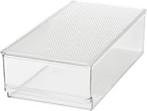 Oggi Clear Stackable Storage Bin with Lid - Ideal for Kitchen, Pantry, Cabinet, Bathroom, Bedroom, Kids, Refrigerator, Freezer. With Handles - Organize Jars, Packets, Snacks, Pasta - 12x4x4inches