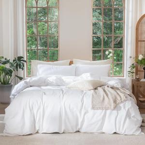 MooMee Bedding Duvet Cover Set 100% Washed Cotton Linen Like Textured Breathable Durable Soft Comfy (Solid Bright White, Cal King 104"x98")