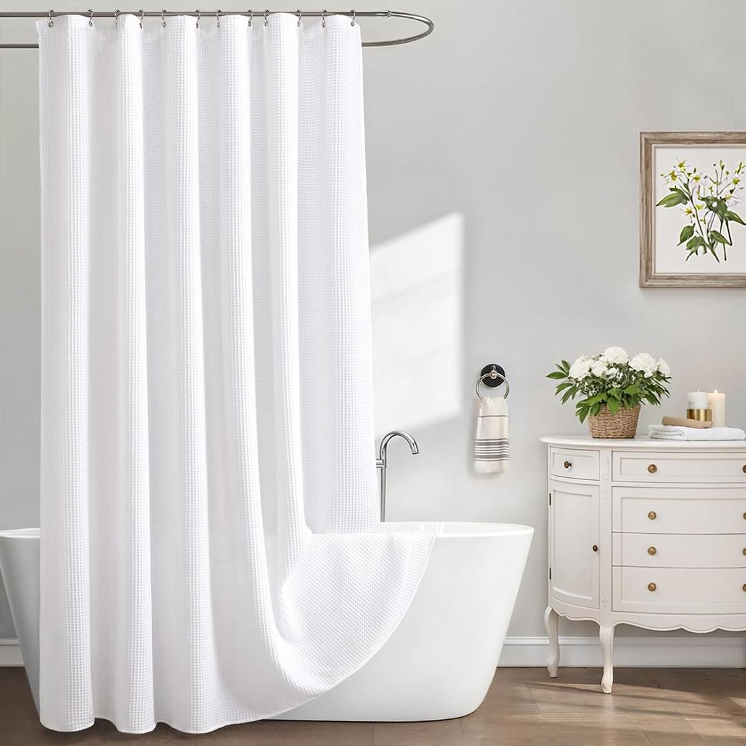Extra Long Waffle Shower Curtain - White Cotton Texture Fabric Heavyweight Shower Curtains for Bathroom,72Wx84L