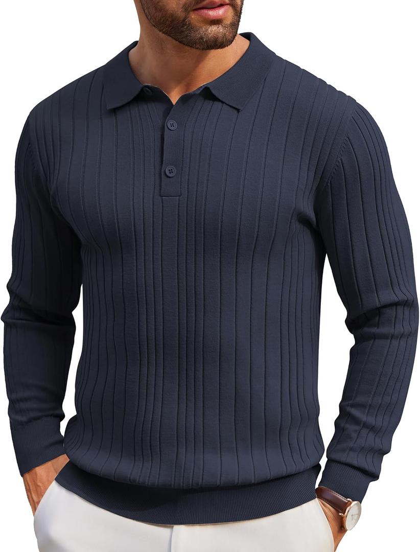 PRIVIMIX Mens Knit Polo Shirts Long Sleeve Fashion Textured Polo Sweater Stretchy Pullover Sweaters for Men Casual Golf Shirt Grey-3XL