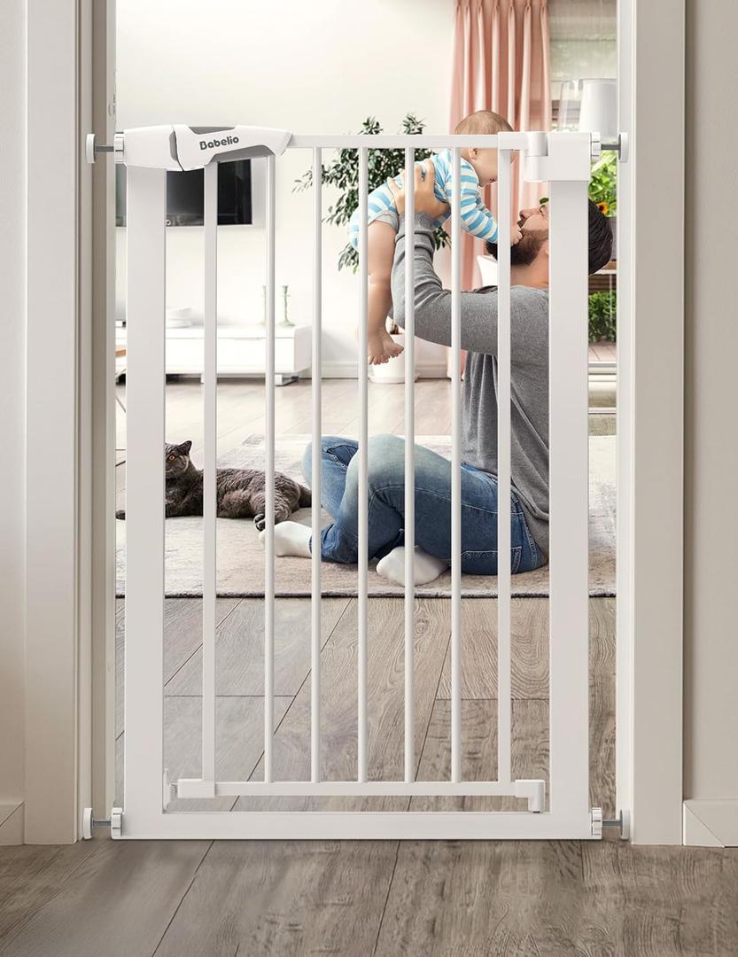 BABELIO 36" Tall Narrow Baby Gate, 26-28.5" Wide Auto-Close Metal Pet Gate for Small Stairs/Doorways/Hallways, Pressure/Hardware Mounted for Child and Pets, NO Extensions, White