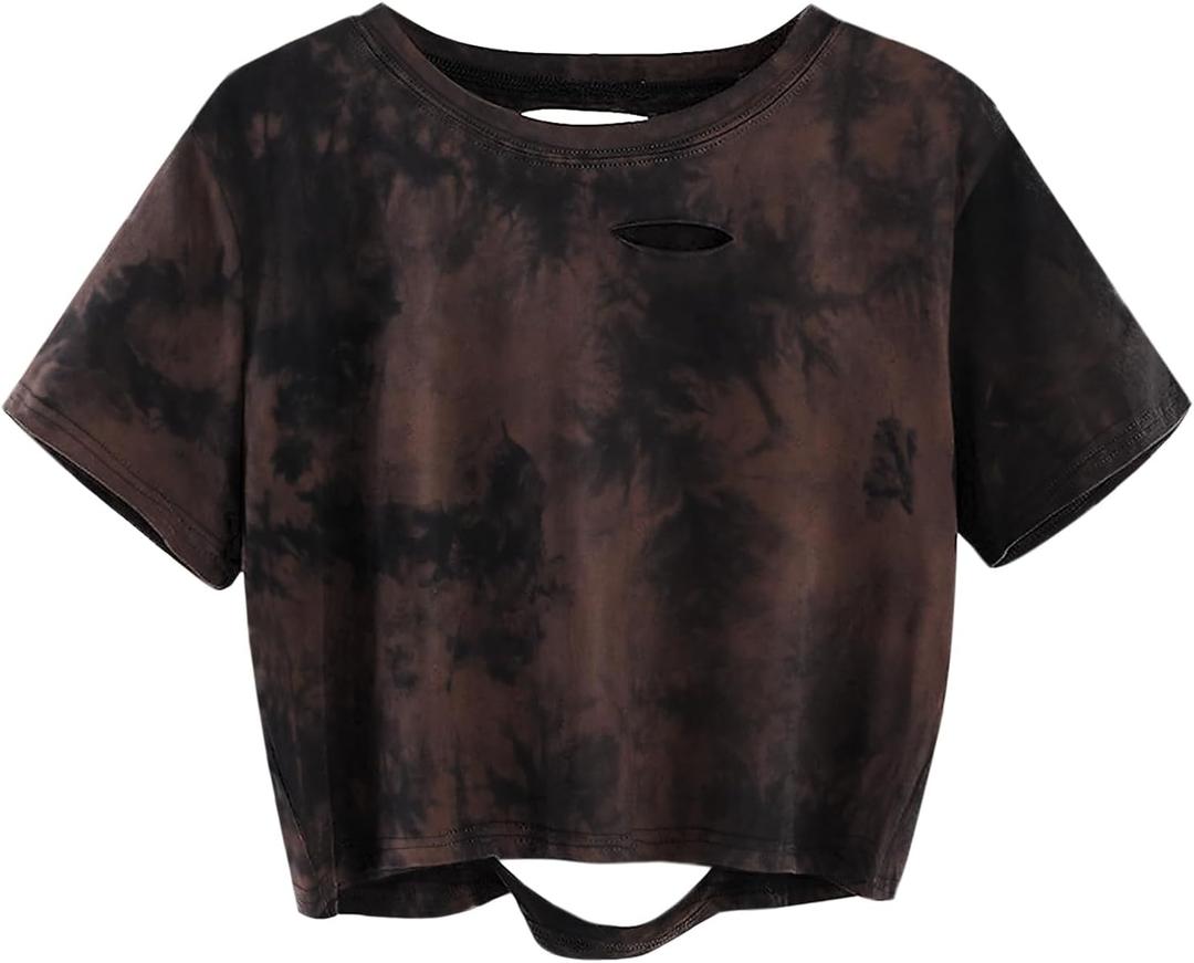 Avanova Tie Dye Shirt Women Ripped Short Sleeve Crop Tops Distressed Cropped T Shirts for Concert Halloween Goth Rock, XXXL