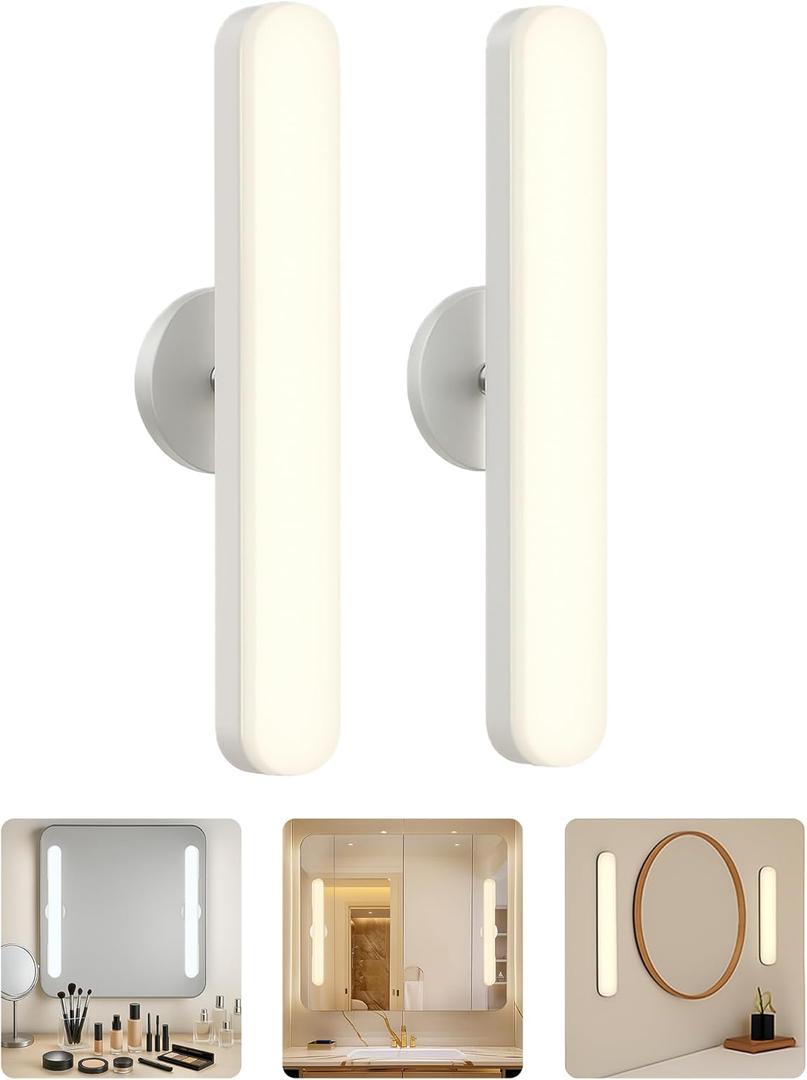 cambk Set of 2 Wireless Vanity Makeup Lights for Mirror, Stick On Rechargeable Light Bar for Bathroom Mirror with 3 CCT&Dimmable, Cordless Battery Operated Touch Control Lighting (White)