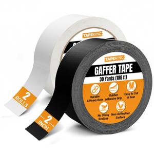 Tape King Gaffers Tape (Black & White) | 2 Inch Wide x 30 Yards Per Roll (180 Ft) Pro Gaff Tape | Durable Cloth Matte Black Tape with Strong Rubber Adhesive for Events, Cables, and Decorations (2 Pcs) Tape King Gaffers Tape (Black & White) | 2 Inch Wide x 30 Yards Per Roll (180 Ft) Pro Gaff Tape | Durable Cloth Matte Black Tape with Strong Rubber Adhesive for Events, Cables, and Decorations (2 Pcs)