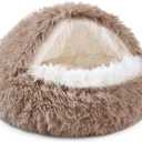 NOYAL Round Hooded Donut Dog Bed for Small & Medium Pets - Plush Fluffy Anti-Anxiety Cat Cave Bed with Cover (Large 27.5'', Brown)