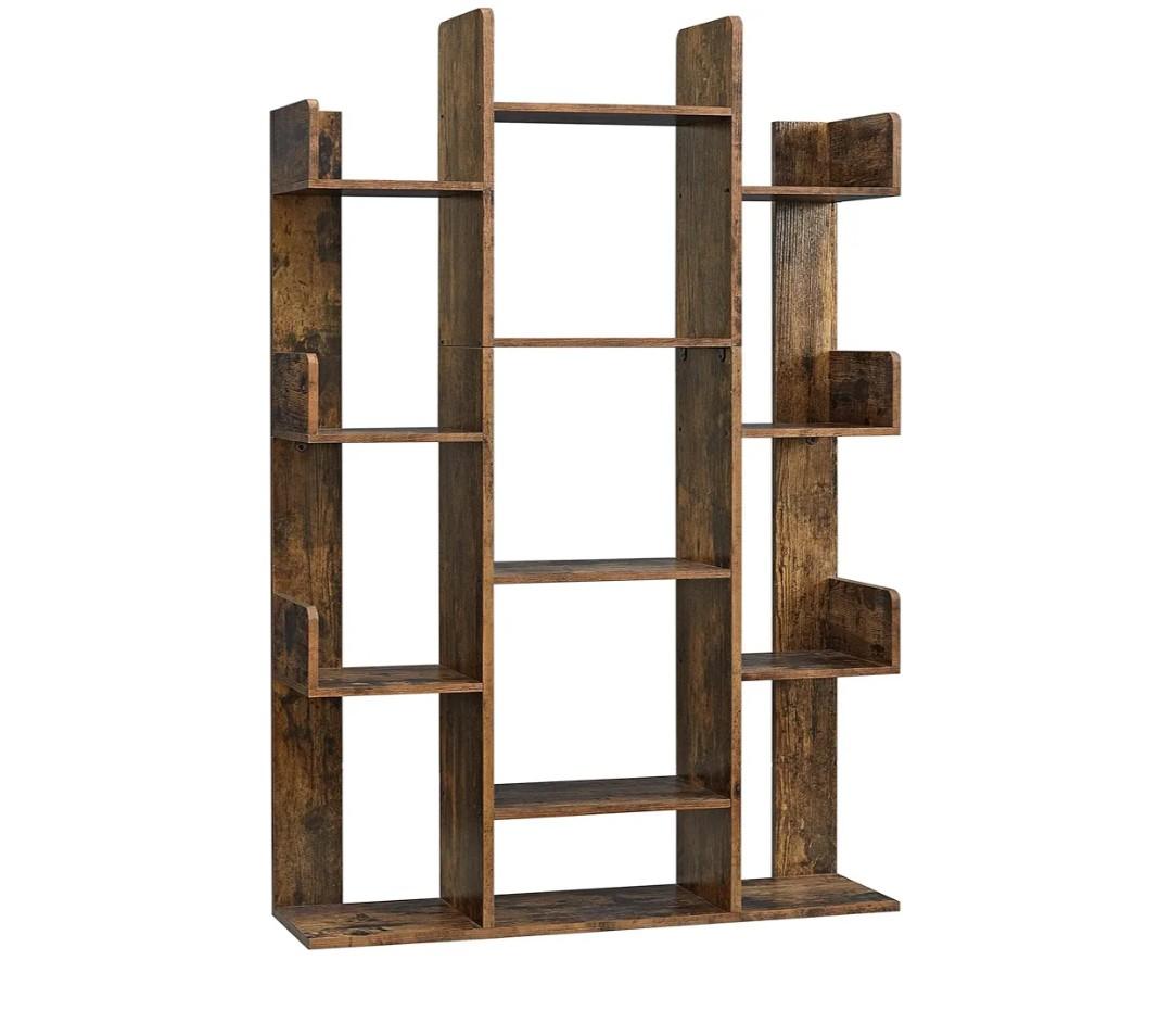 VASAGLE Bookshelf, Tree-Shaped Bookcase with 13 Storage Shelves, Rounded Corners, 9.8”D x 33.9”W x 55.1”H, Rustic Brown ULBC67BXV1