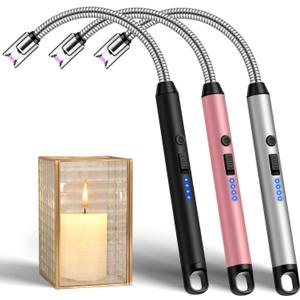LcFun 3 Pack Candle Lighter USB C Rechargeable Electric Lighters with 360 Flexible Neck & Safety Lock, Windproof Arc Lighters Long Stem Matches for Candle, Grill, BBQ, Gas Stoves (Black,Silver,Pink)