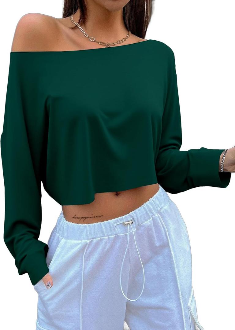 SOFIA'S CHOICE Women's Sexy Off Shoulder Long Sleeve Crop Tops Boat Neck Loose Asymmetrical Tops Large