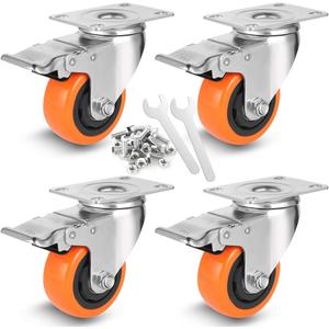 WBD WEIBIDA 3 Inch Swivel Caster Wheels with Brake, Safety Dual Locking Casters Set of 4 Heavy Duty of 1000lbs, Premium Polyurethane Wheels for Furniture and Workbench (Screws and Spanner)