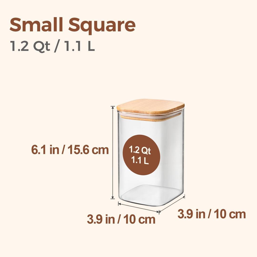 ComSaf 1.2 QT Glass Storage Containers with Lids, Glass Jars with Lids, Clear Food Jar, Square Canister Set of 5, Pantry Organizers and Storage for Cookie Flour Oat Pasta Tea Coffee Bean