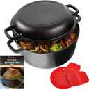 Uno Casa Cast Iron Dutch Oven with Lid - 2 in 1 Camping Set, Pre-Seasoned 5 Quart Pot and 1.6 Quart Pan - 2 Silicone Handle Covers and a Silicone Trivet Mat Included