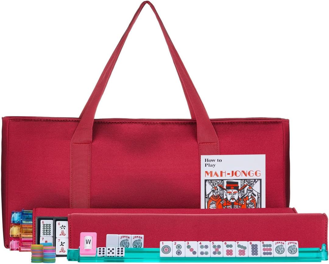 American Mahjong Set - Red Burgundy Soft Bag - 166 White Engraved Tiles, 4 All-in-One Rack/Pushers Western Mah Jongg Game Set, 6" x 21" x 10"