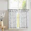 jinchan Linen Kitchen Curtains Floral Printed Tier Curtains 36 Inch Length Farmhouse Cafe Drapes for Small Windows Tie Top Botanic for Country Rustic Laundry Room Bathroom RV 2 Panels Blue on Beige