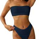 ZAFUL Women Strapless Textured Bandeau Bikini 2 Piece Swimwear Cheeky Solid Lace up Bathing Suits (Large, 1-m Navy Blue)