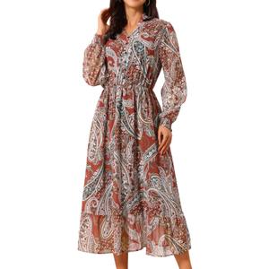 Seta T Women's Boho Floral Dresses A-Line Long Sleeve Chiffon Midi Dress (Orange, L)